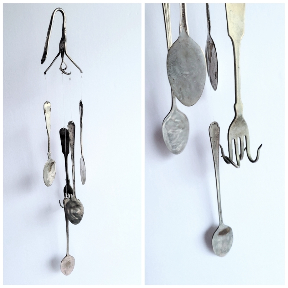 Vtg. Hammered Silverware Windchime Black Gray Silver